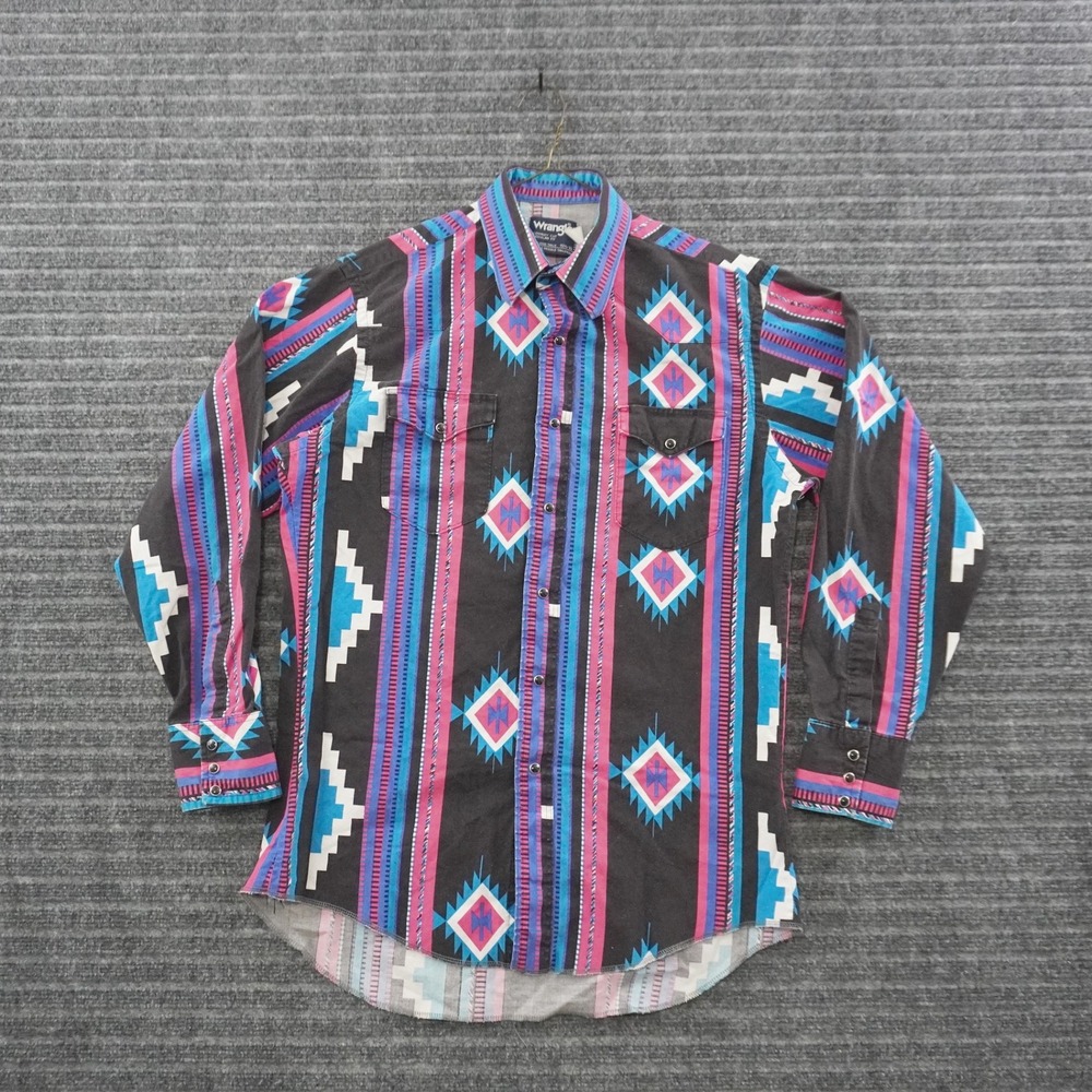 Vintage 90s Wrangler Western Snap Shirt Mens 15.5-33 Black Aztec Geometric
